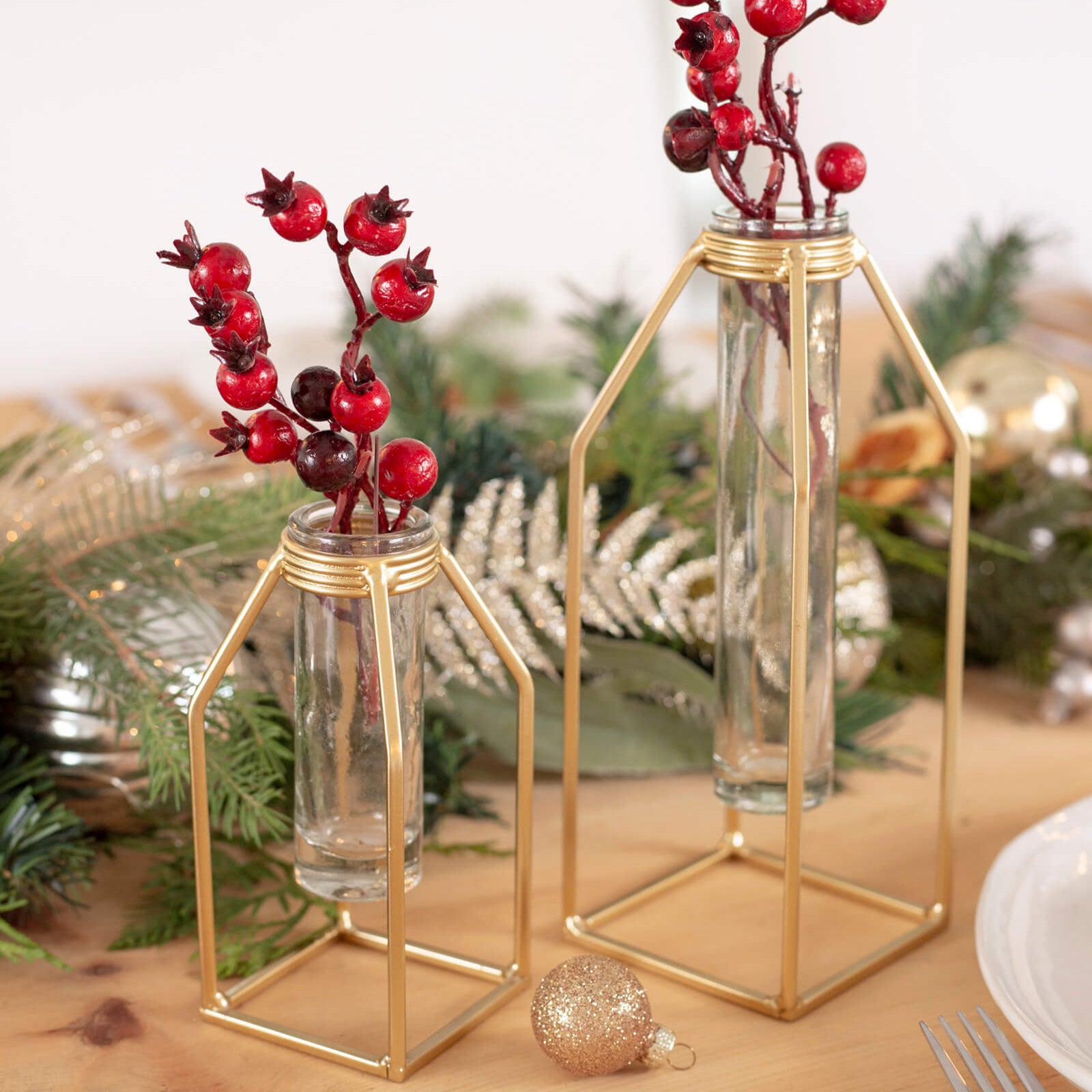 Vase- Glass Tube w/Gold Iron Stand Small