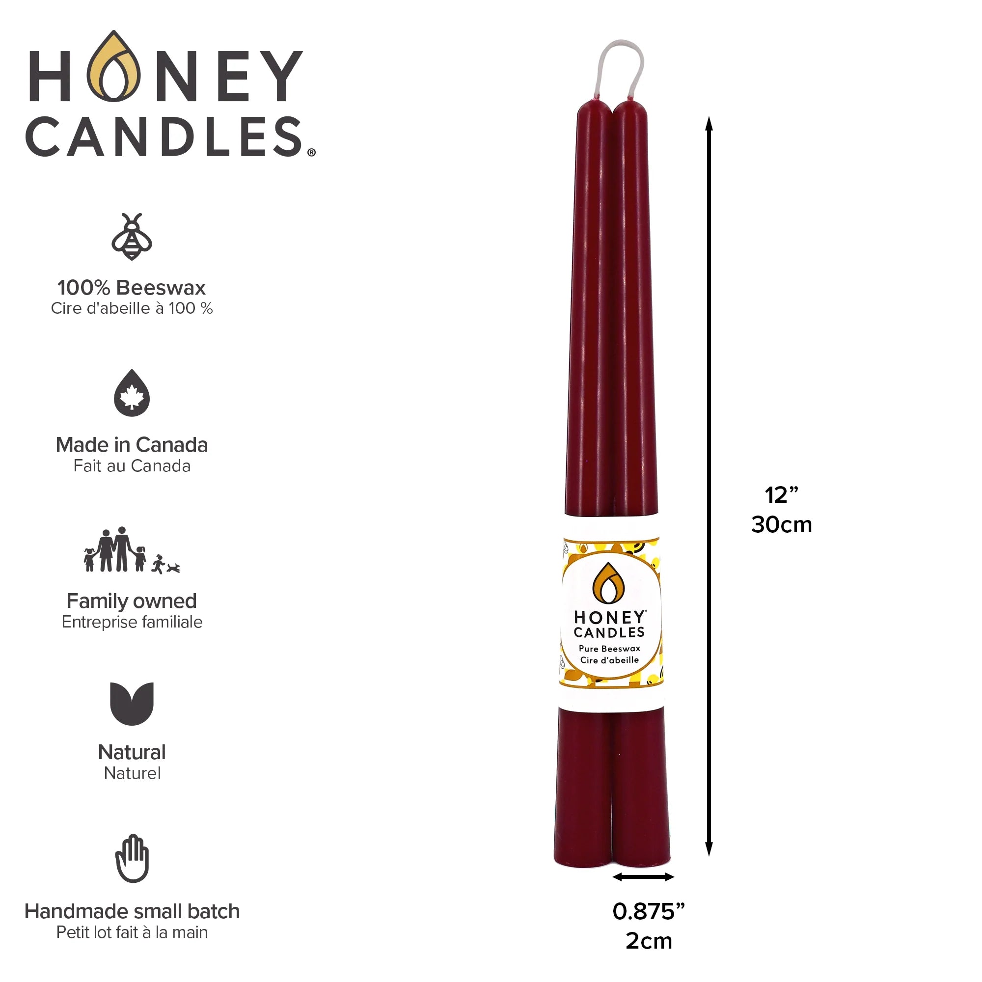 Beeswax 12" Taper Candle Set/2- Burgundy