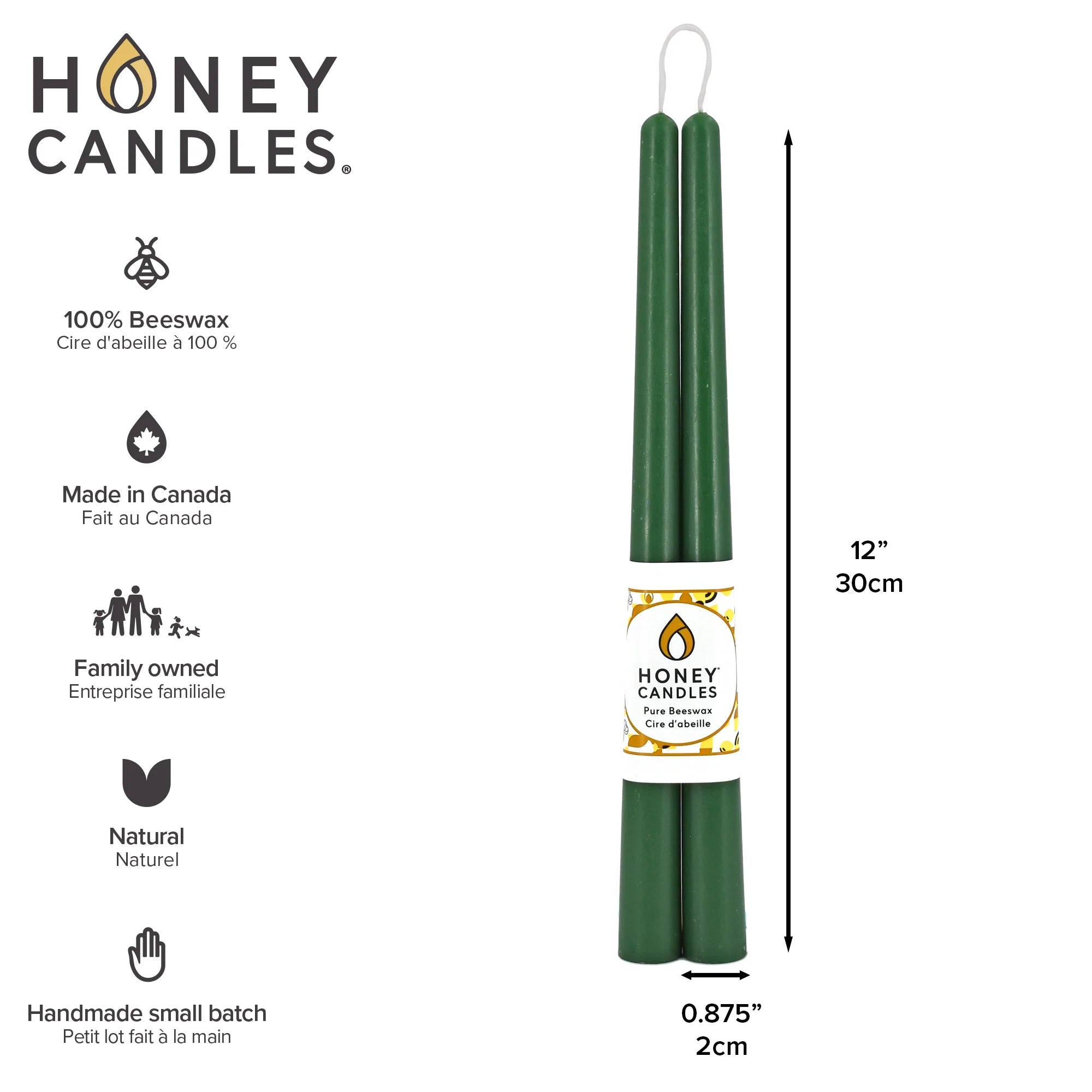 Beeswax 12" Taper Candle Set/2- Forest