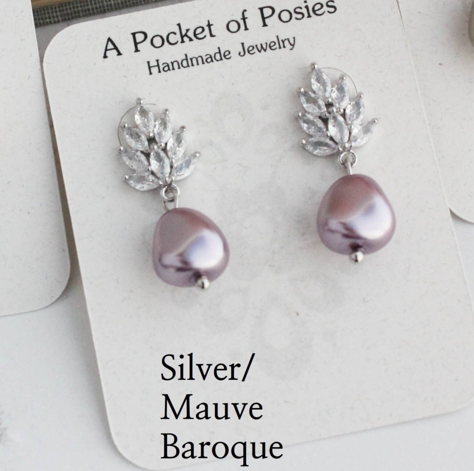 Earrings- Glass Leaf/Pearl Drop- Silver/Mauve/Baroque Pearl