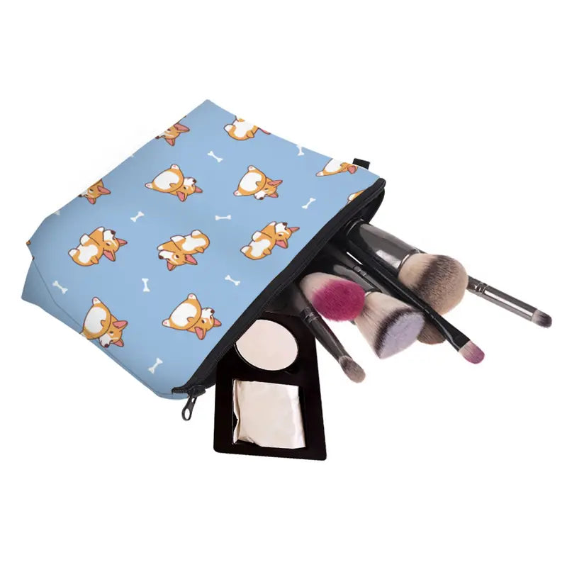 Zippered Cosmetic Bag- Blue Corgi