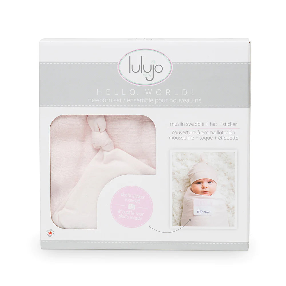 Hello World- Swaddle & Knotted Hat Set- Pink