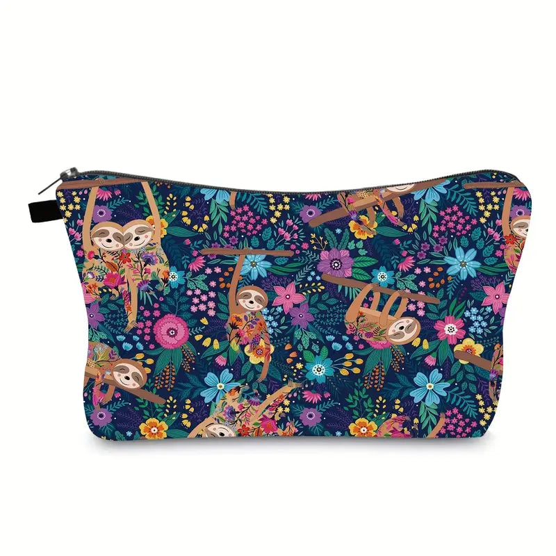 Zippered Cosmetic Bag- Floral Sloth
