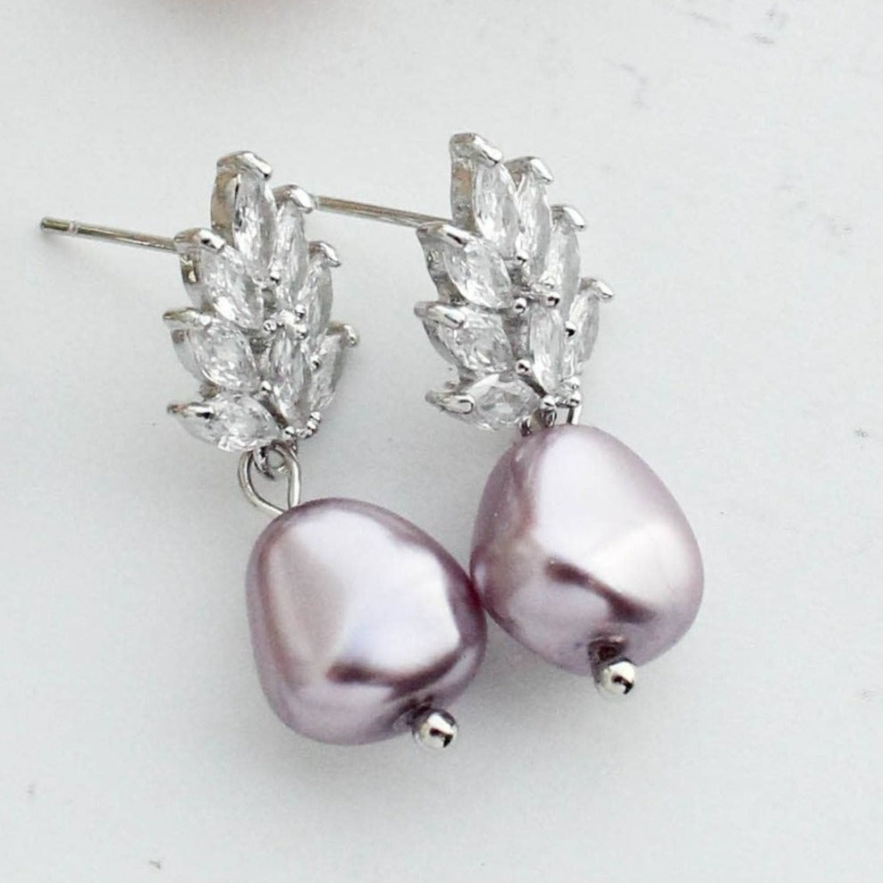 Earrings- Glass Leaf/Pearl Drop- Silver/Mauve/Baroque Pearl