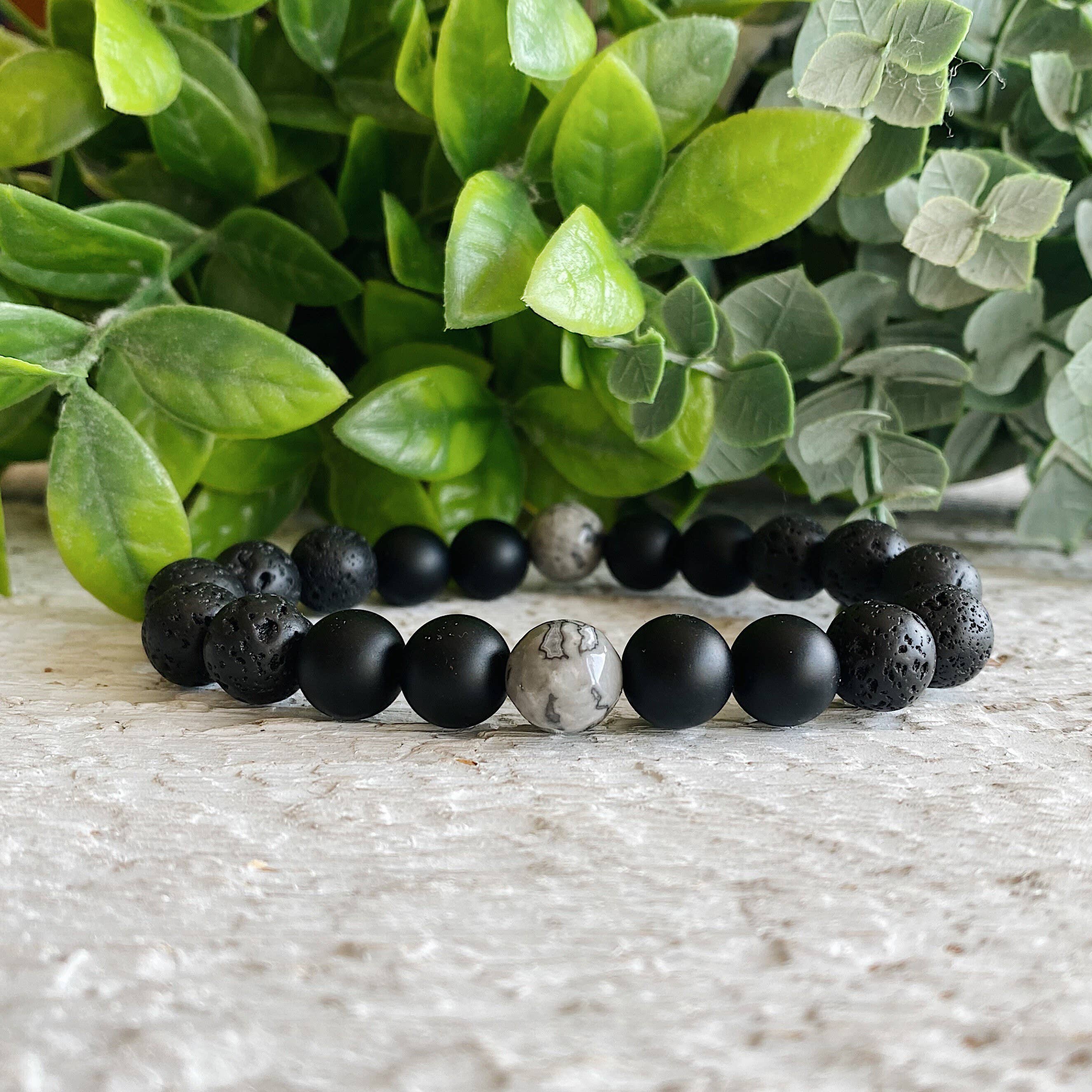 Men's Bracelet- Black Onyx + Grey Jasper Assorted Sizes