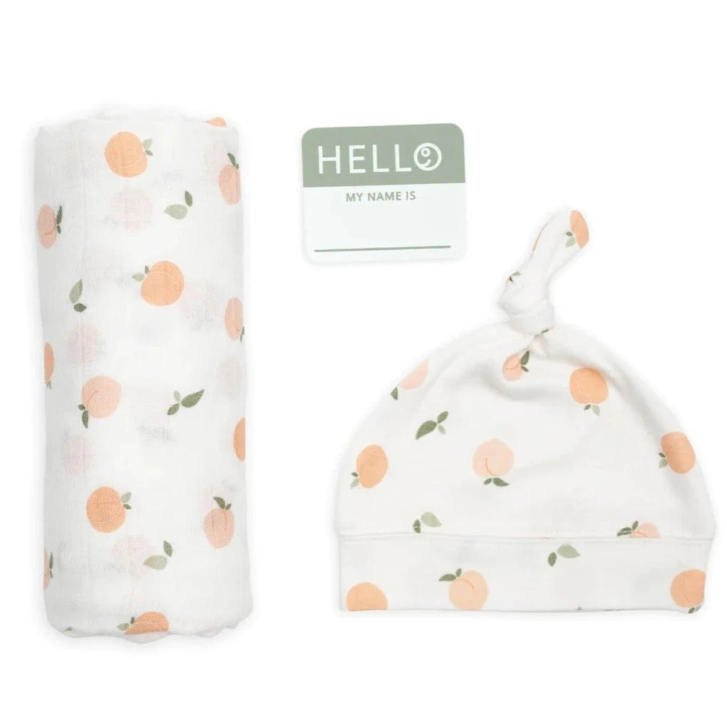 Hello World- Swaddle & Knotted Hat Set- Peaches