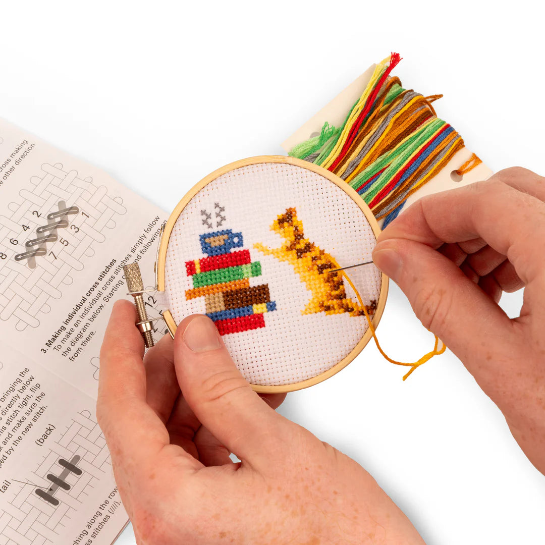 Mini Cross Stitch Embroidery Kit- Cat w/Books