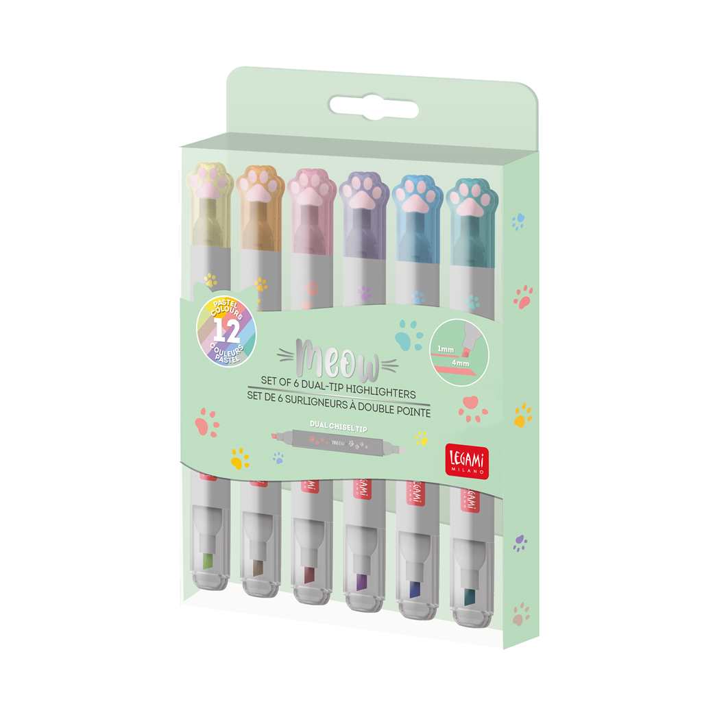 Meow Dual-Tip Pastel Highlighters Set/6