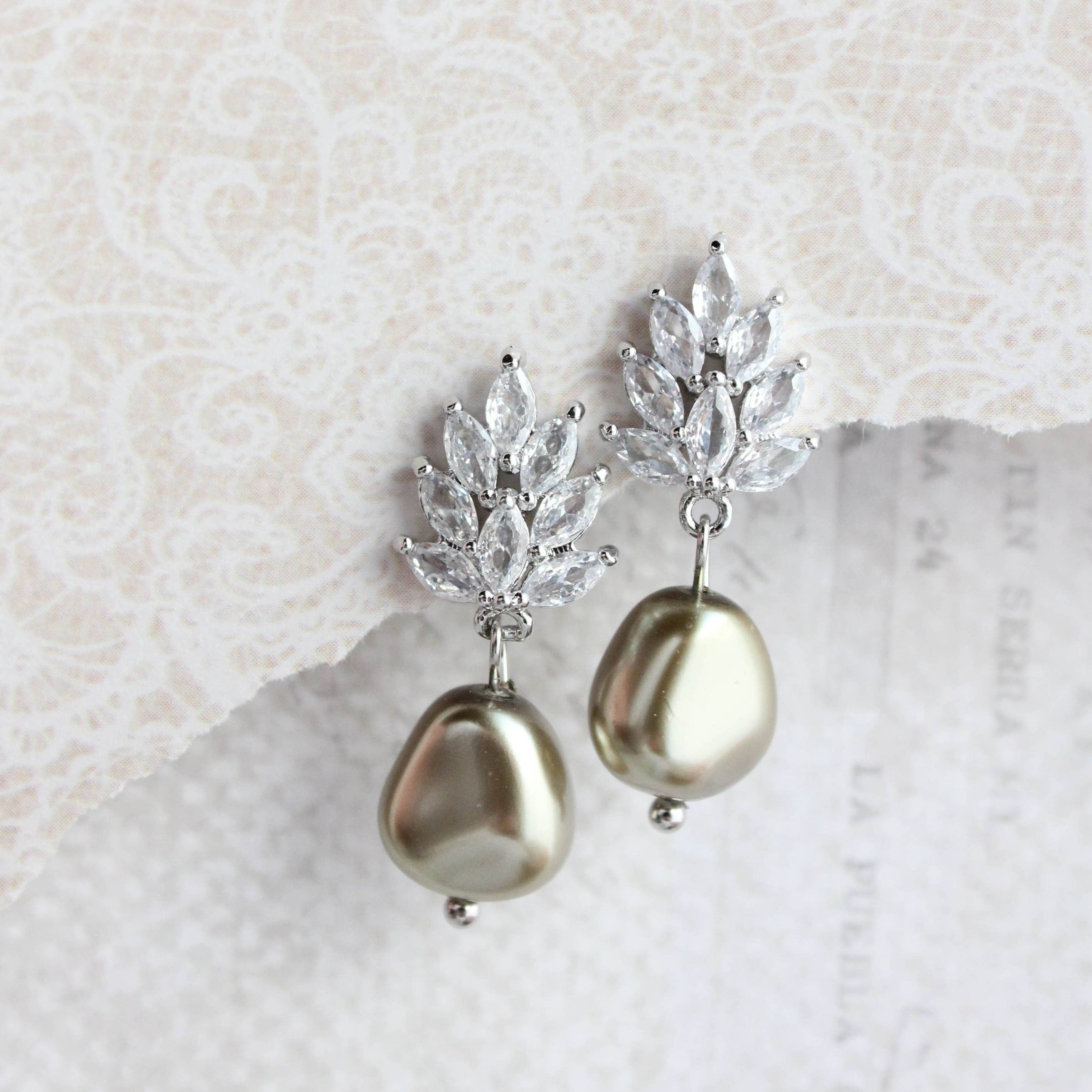 Earrings- Glass Leaf/Pearl Drop- Silver/Sage/Baroque Pearl