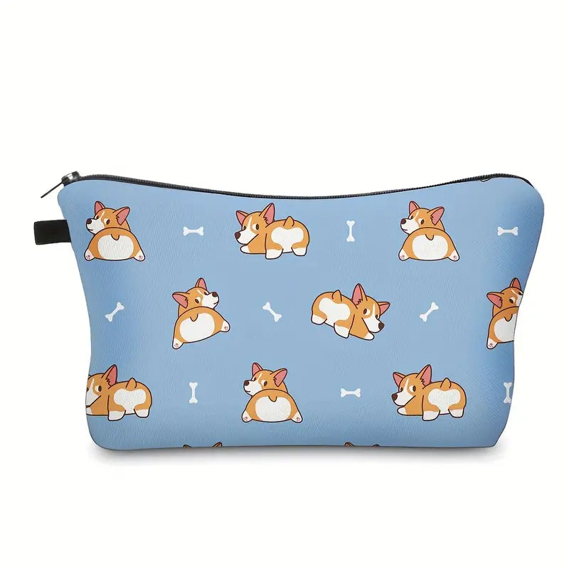 Zippered Cosmetic Bag- Blue Corgi