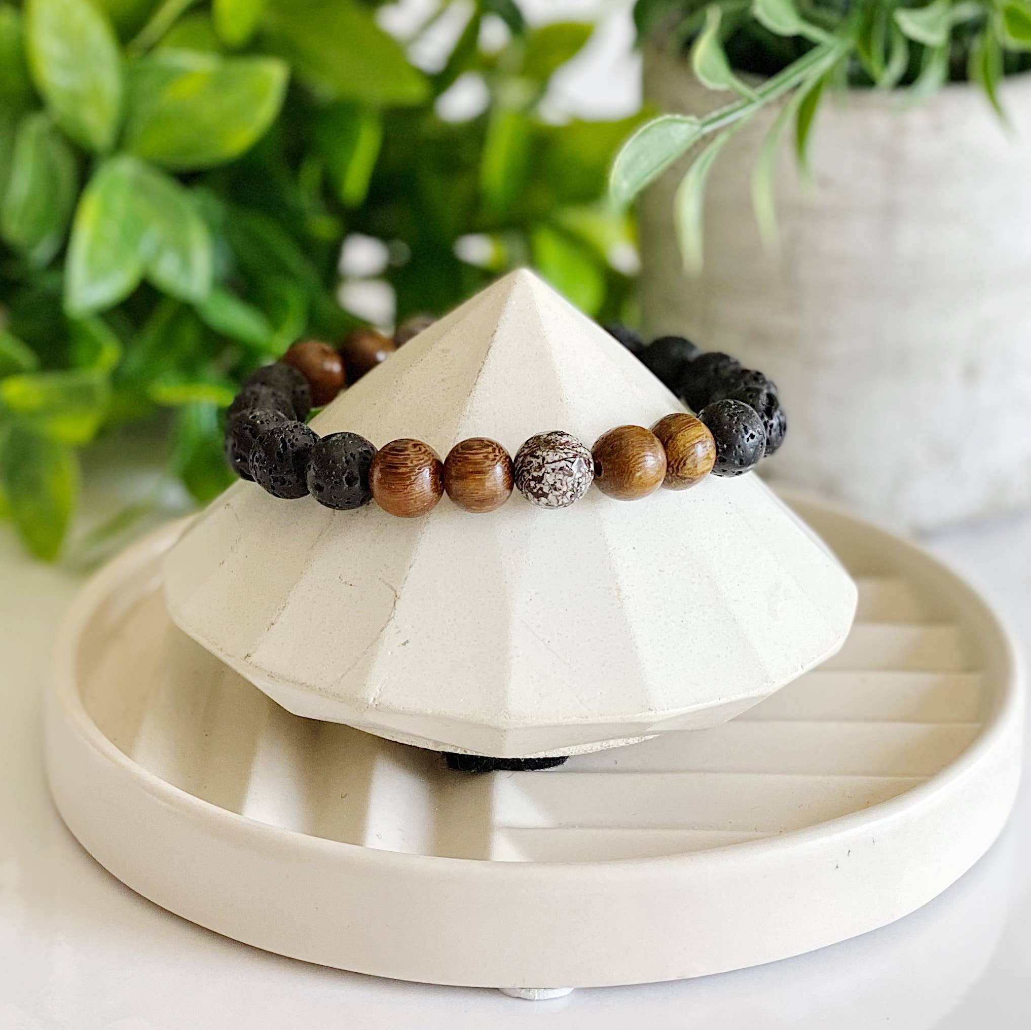 Mens Bracelet- Wood/Obsidian Gemstone/Lava Assorted Sizes