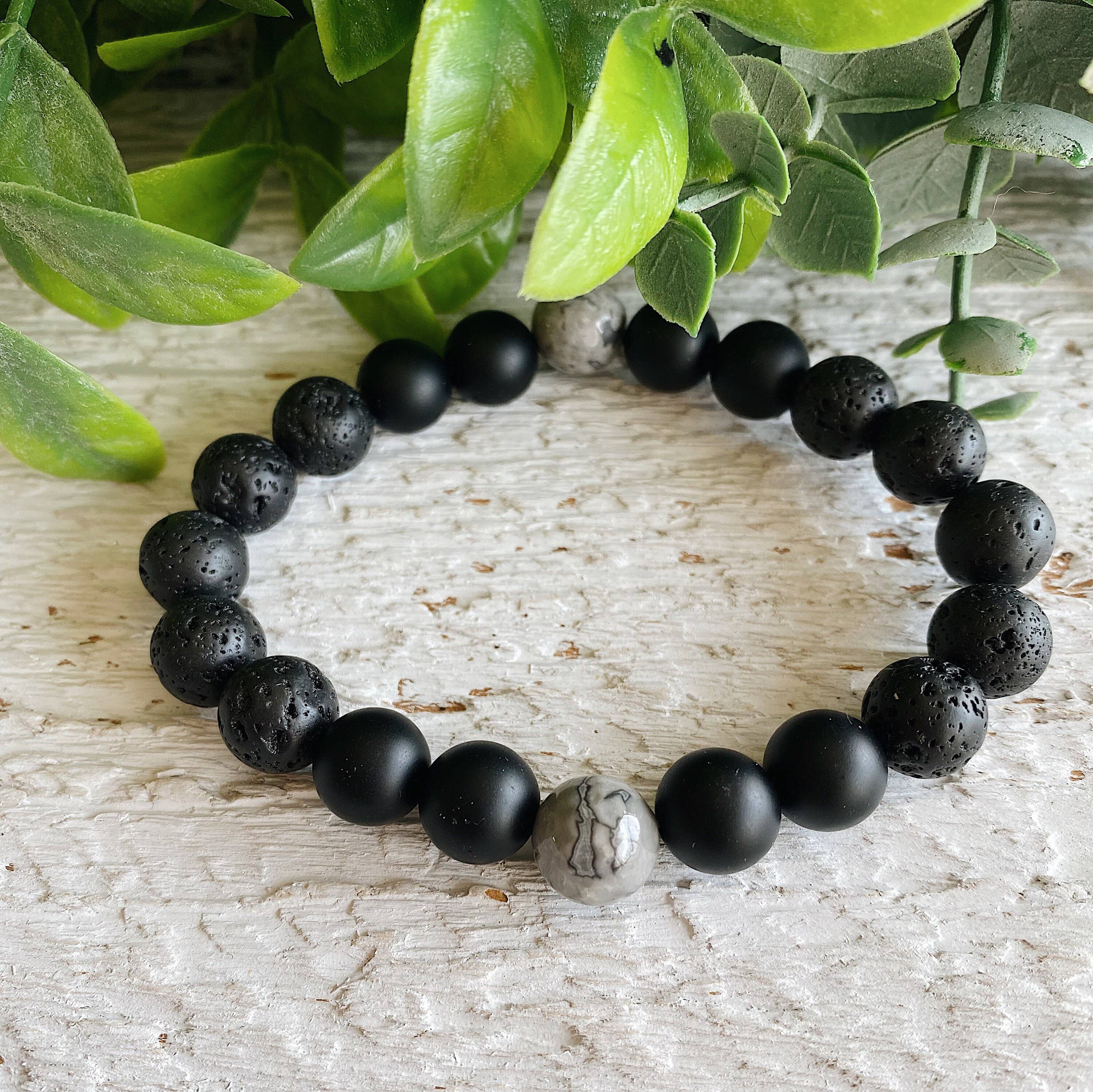 Men's Bracelet- Black Onyx + Grey Jasper Assorted Sizes