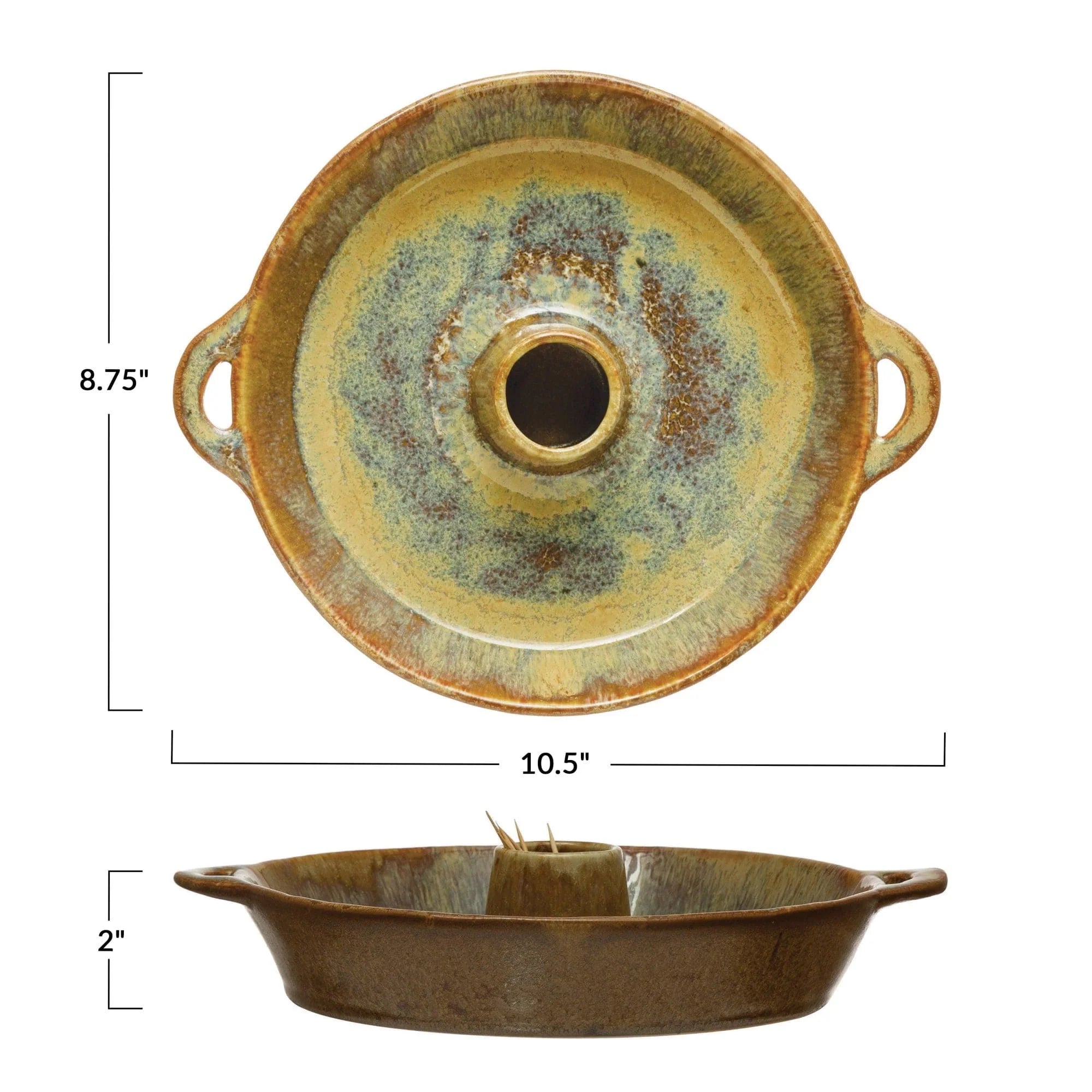 Round Dish W/Toothpick Holder Brown Reflective Glaze