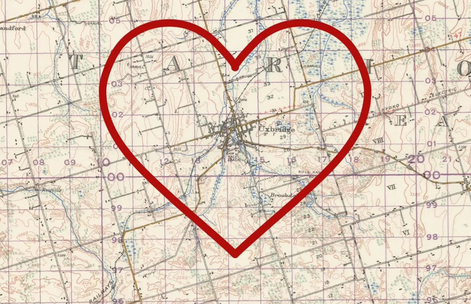 Heart Map of Uxbridge- White Rustic Frame