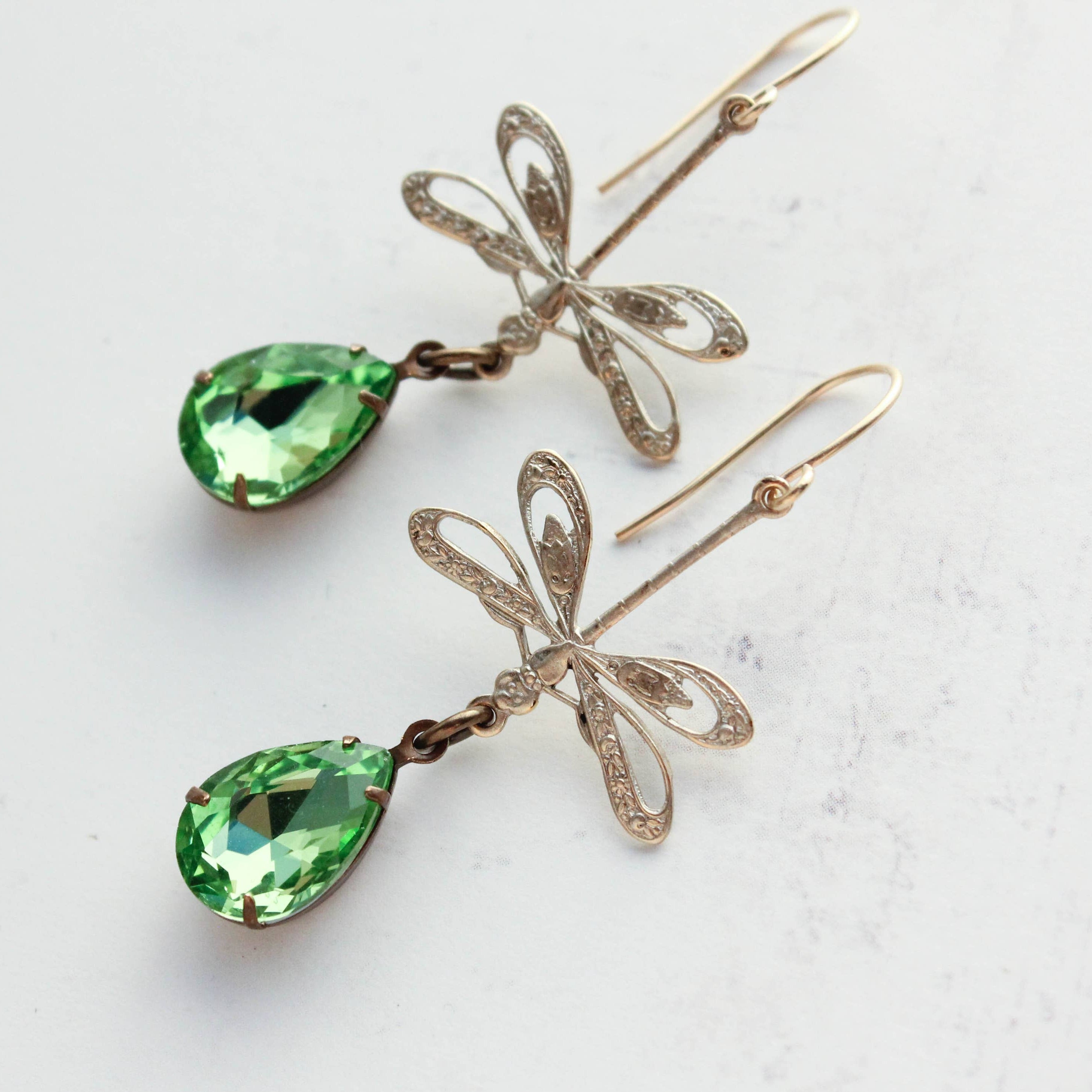 Dragonfly Earrings - Gold Patina and Green Glass