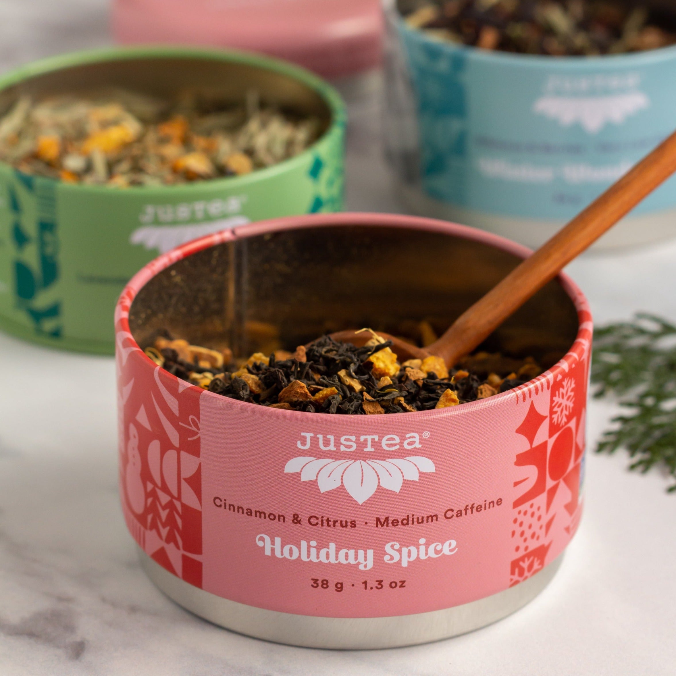 Black, Green & Herbal Tea Tins & Spoon- Holiday Trio