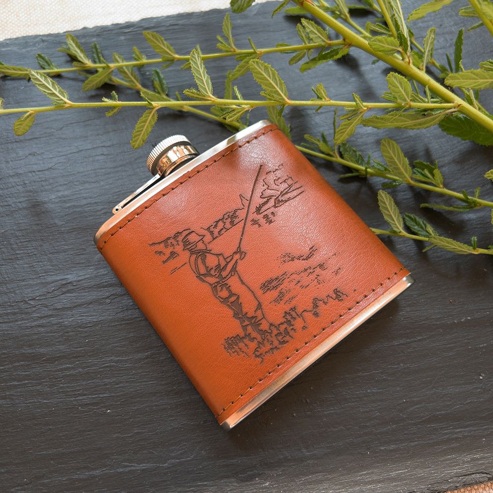 Hip Flask- Leather Fishing