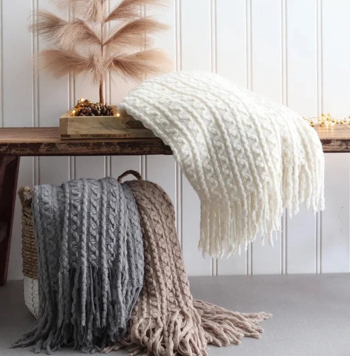 Woven Knit Tassel Throw- Taupe 50x60"