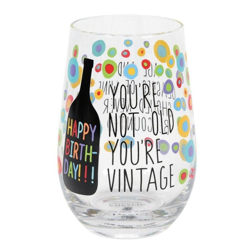 Stemless Wine Glass- Vintage Happy Birthday