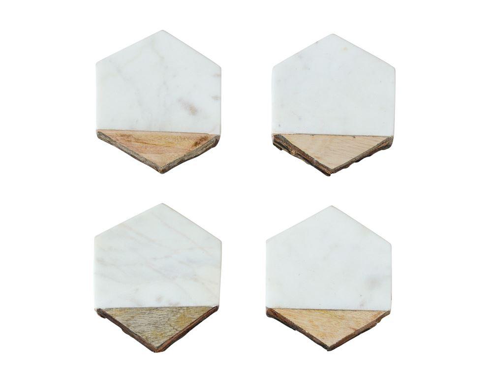 Coasters- Hexagon Marble & Acacia Wood w/Live Edge Set/4