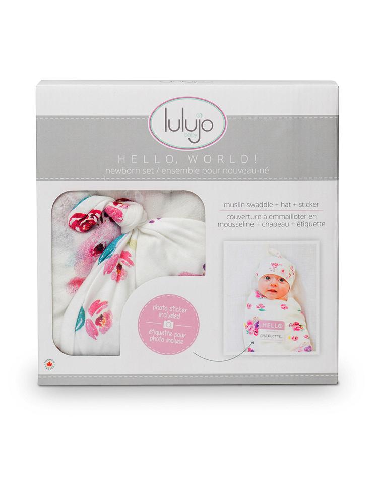 Hello World- Swaddle & Knotted Hat Set- Posies