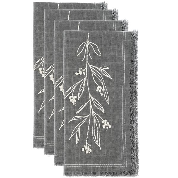 Linen Napkins Set/4- Embroidered Mistletoe