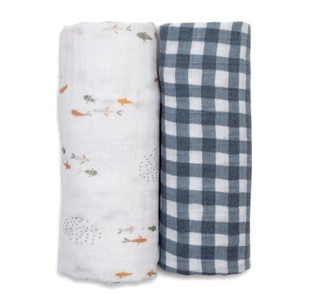 Cotton Muslin Swaddle 2 Pack- Fish/Navy Gingham