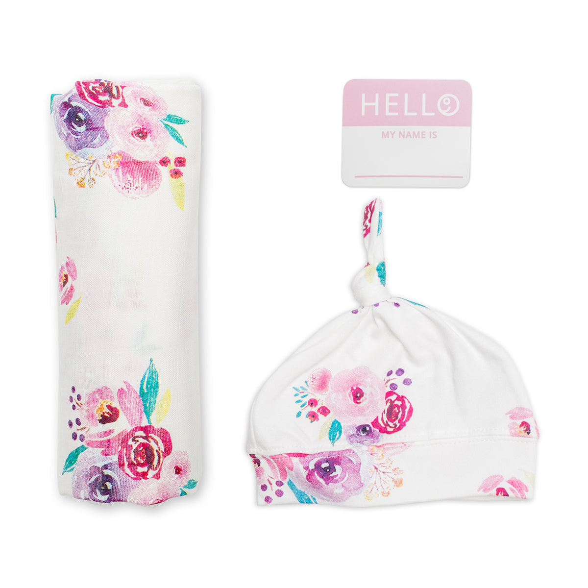 Hello World- Swaddle & Knotted Hat Set- Posies