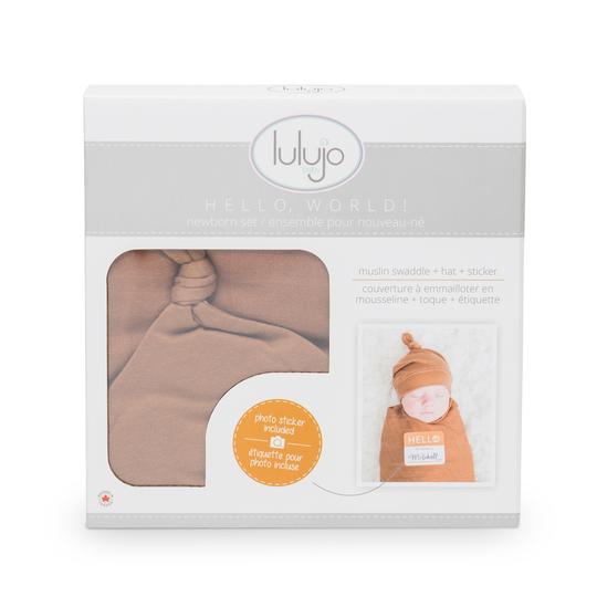 Hello World- Swaddle & Knotted Hat Set- Tan Brown