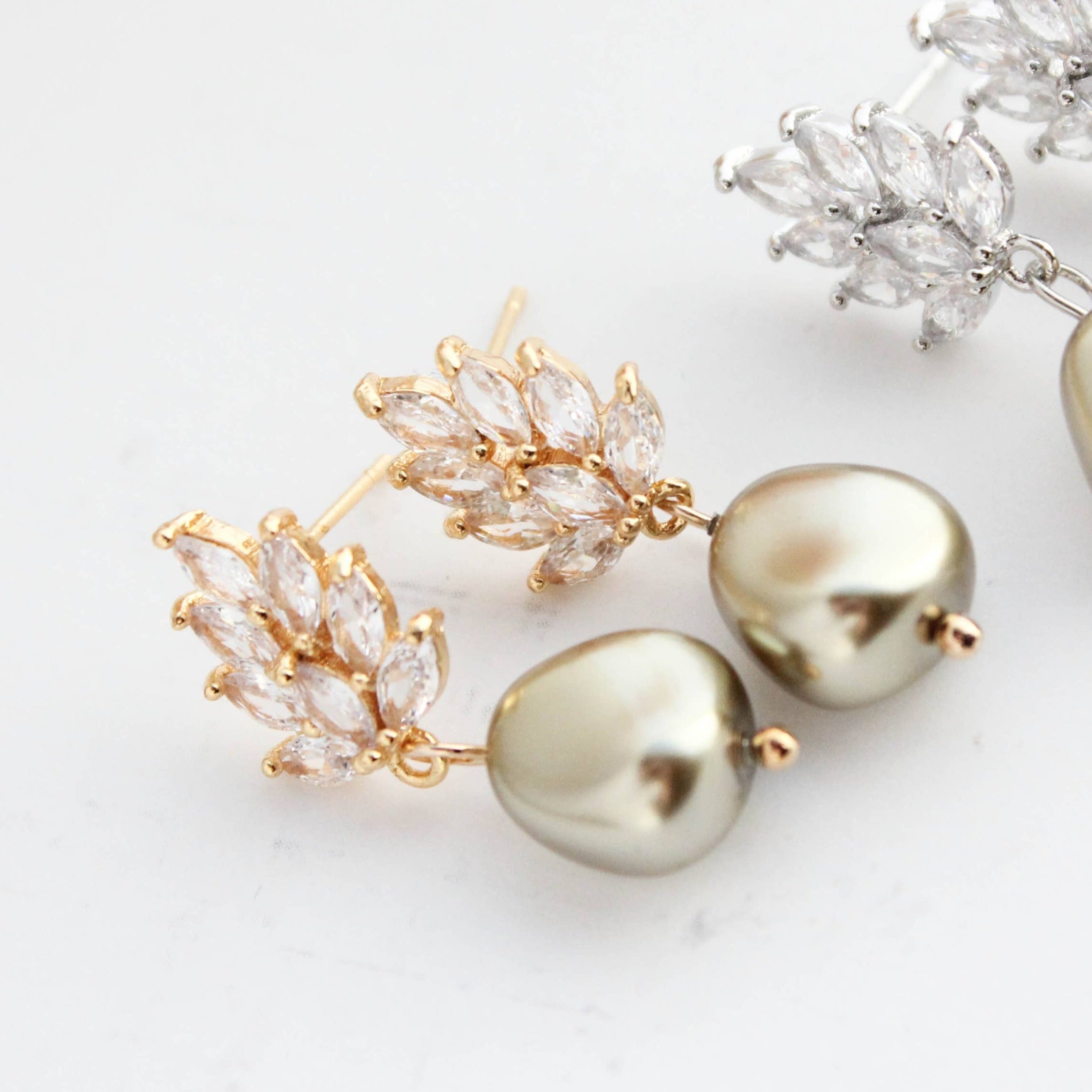 Earrings- Glass Leaf/Pearl Drop- Gold/Sage/Baroque Pearl