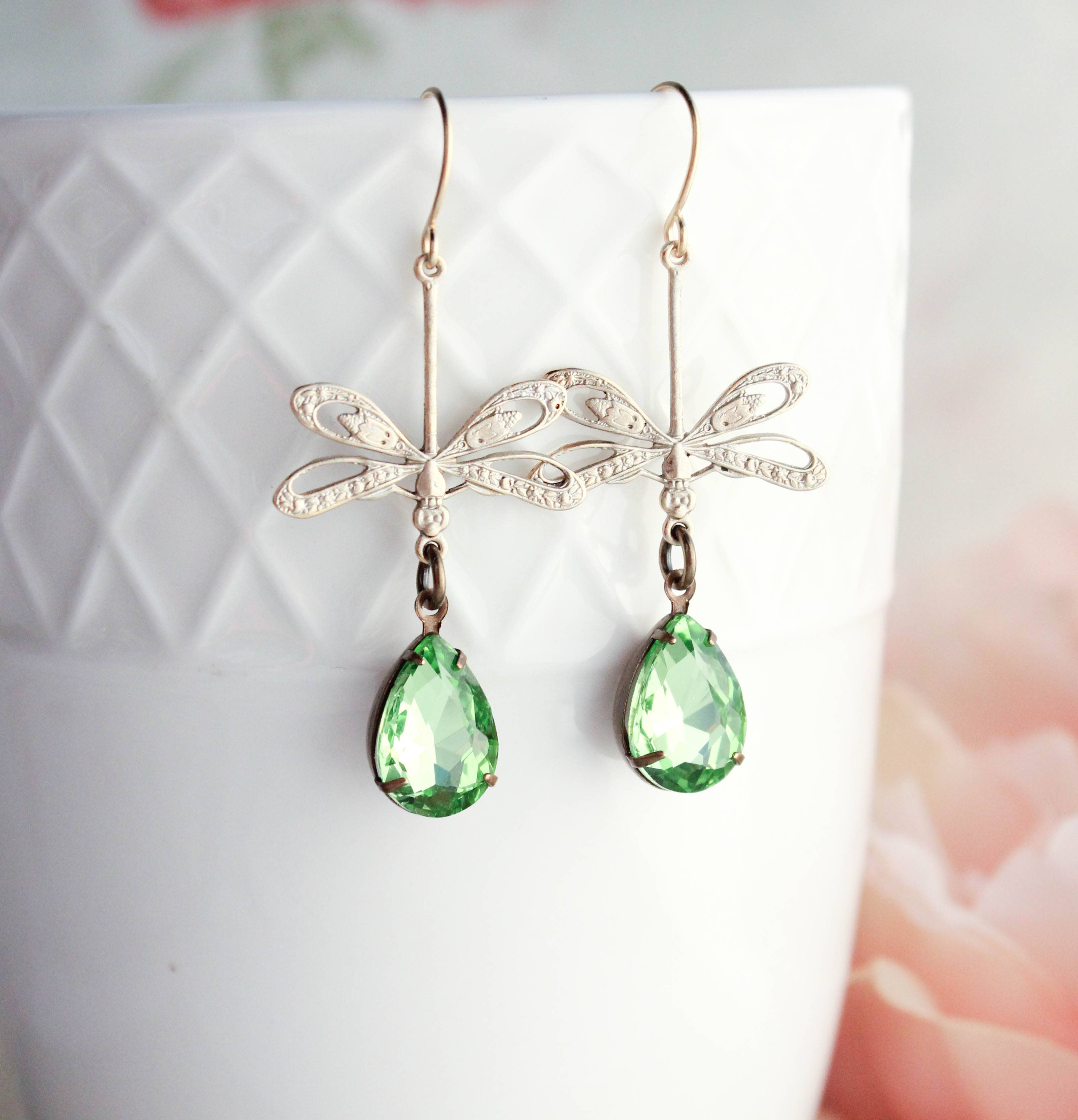 Dragonfly Earrings - Gold Patina and Green Glass