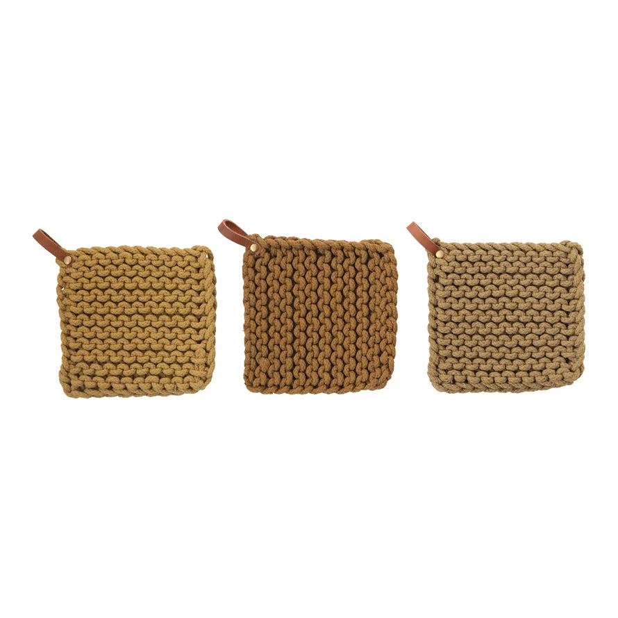 Pot Holders- Crocheted w/ Leather Loop Assorted