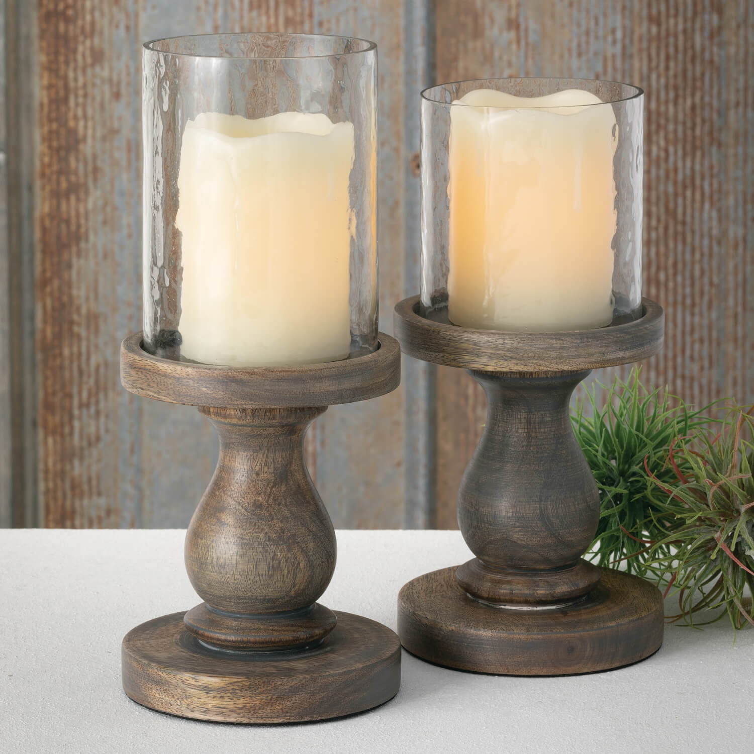 Candle Holders- Wood Hurricane Set/2