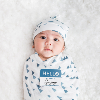Hello World- Swaddle & Knotted Hat Set- Navy Triangles