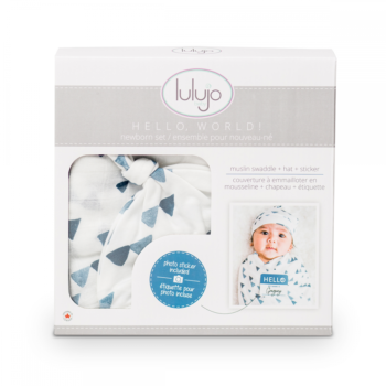 Hello World- Swaddle & Knotted Hat Set- Navy Triangles