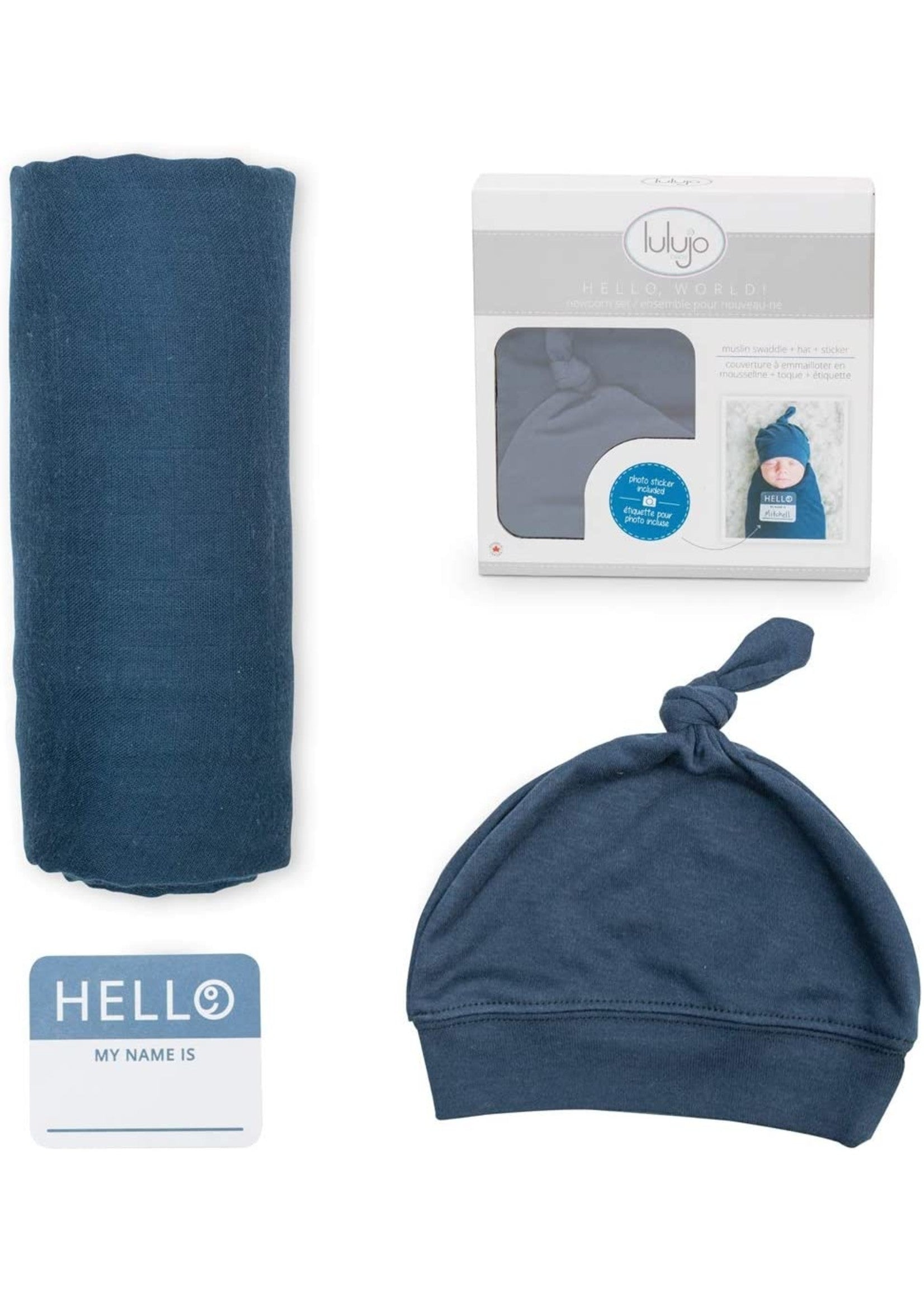 Hello World- Swaddle & Knotted Hat Set- Navy