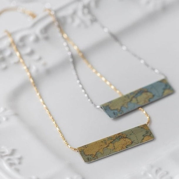 Reversible Bar Necklace- World Map- Gold